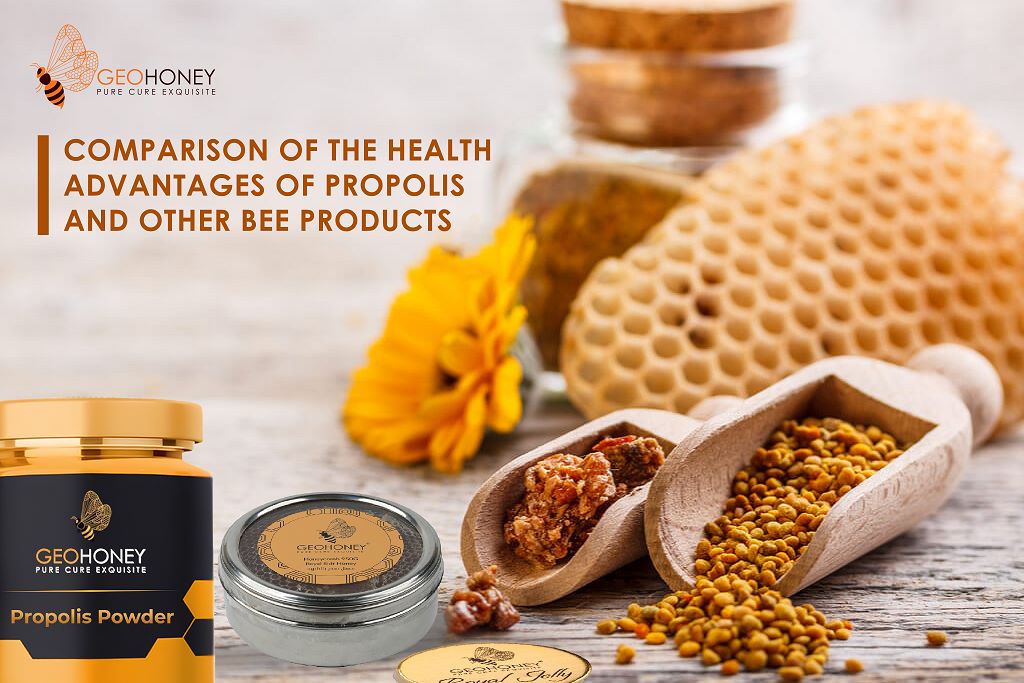 A photo of different bee products such as honey, royal jelly, bee pollen, and propolis, with the text "Comparison of Health Benefits of Propolis and Other Bee Products".